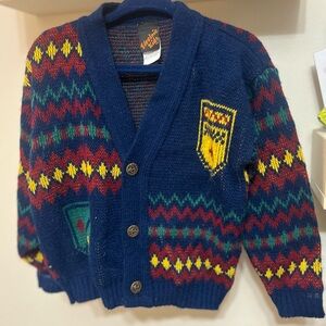 Vintage Electric Kids Cardigan Sweater Size 3 Navy Geometric 80s Knit